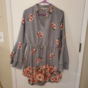 Women's stripe and flower long shirt dress